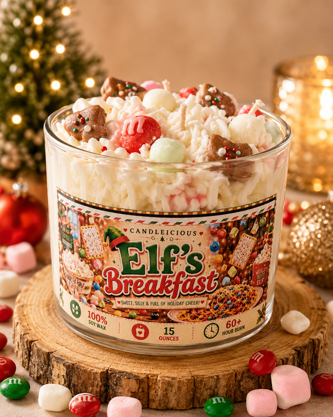 Elf's Breakfast maple and chocolate scented Christmas candle with whipped wax, gingerbread stars, and candy embeds