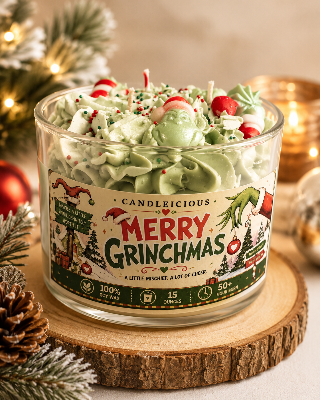 Merry Grinchmas vanilla bean scented Christmas candle with green whipped wax, Grinch face, and candy canes