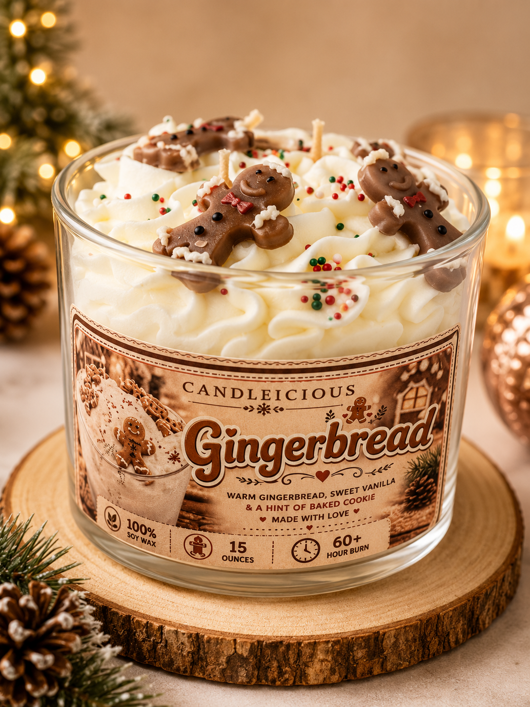 Gingerbread scented Christmas candle with whipped icing, gingerbread man embeds, and festive sprinkles