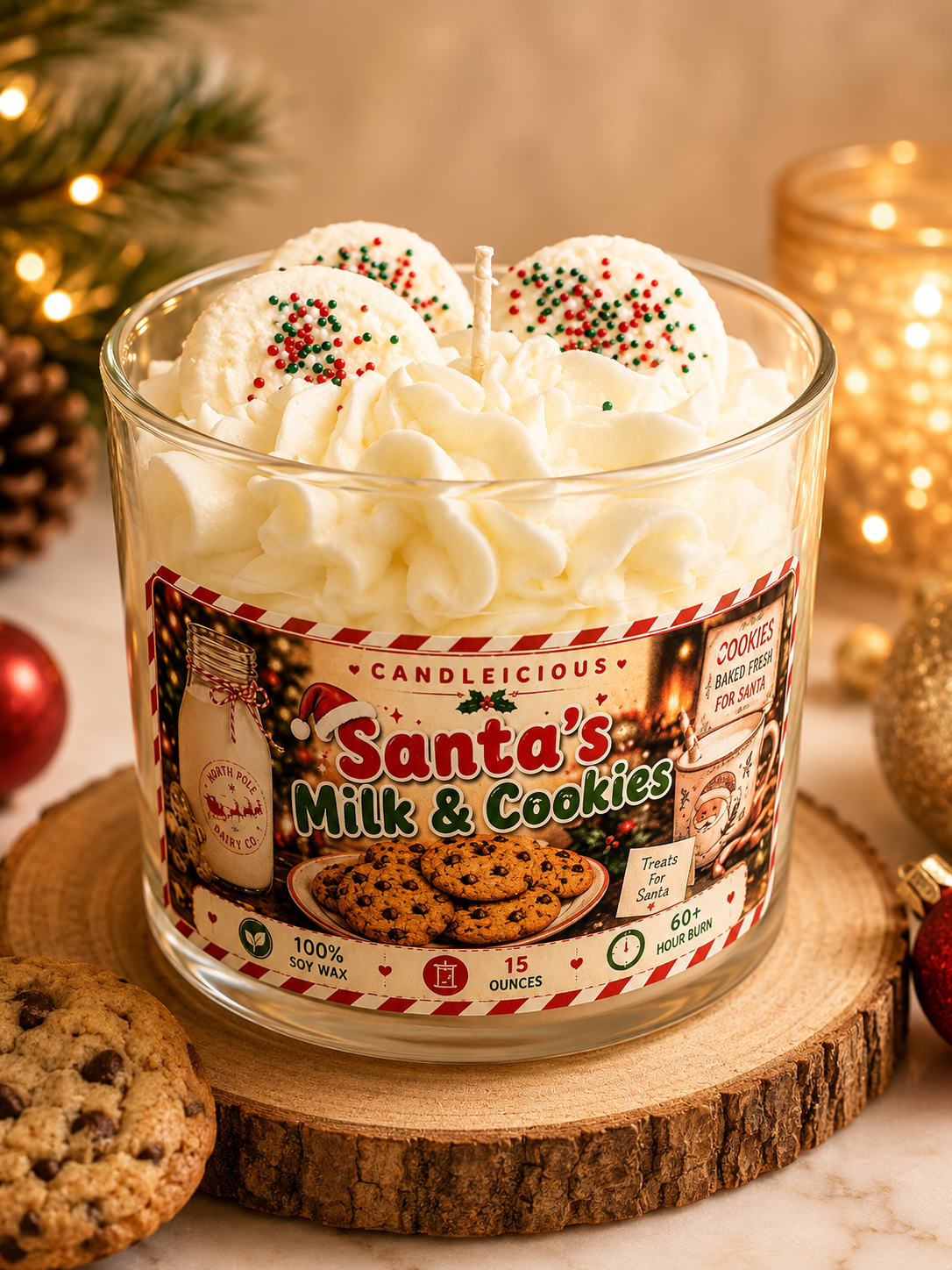 Santa's Milk & Cookies scented Christmas candle with whipped wax topping and sugar cookie embeds with festive red and green sprinkles