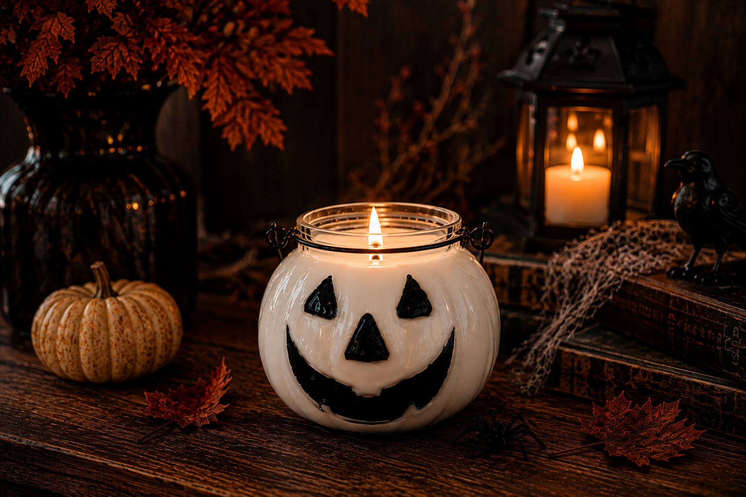 White jack-o'-lantern pumpkin jar candle with maple pecan scent, 13 oz 100% soy wax