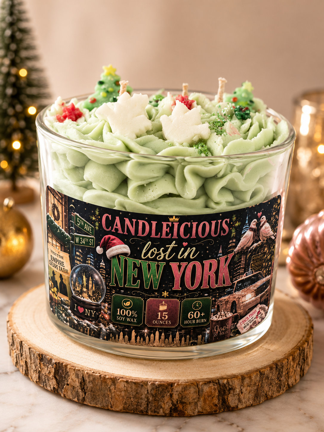 Lost in New York peppermint scented Christmas candle with piped whipped icing, mini Christmas trees, and snowflakes